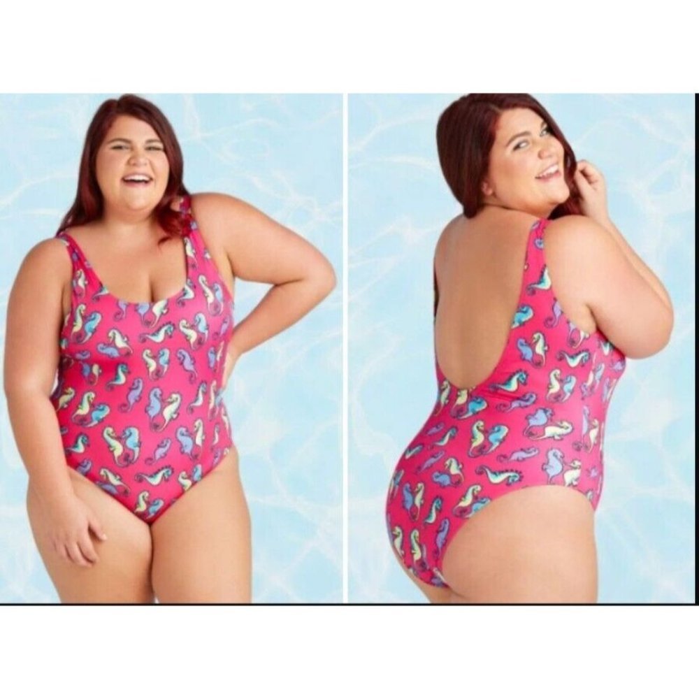 Meundies Large Pink Seahorse One Piece Swimsuit Bathing Suit High Cut Novelty
